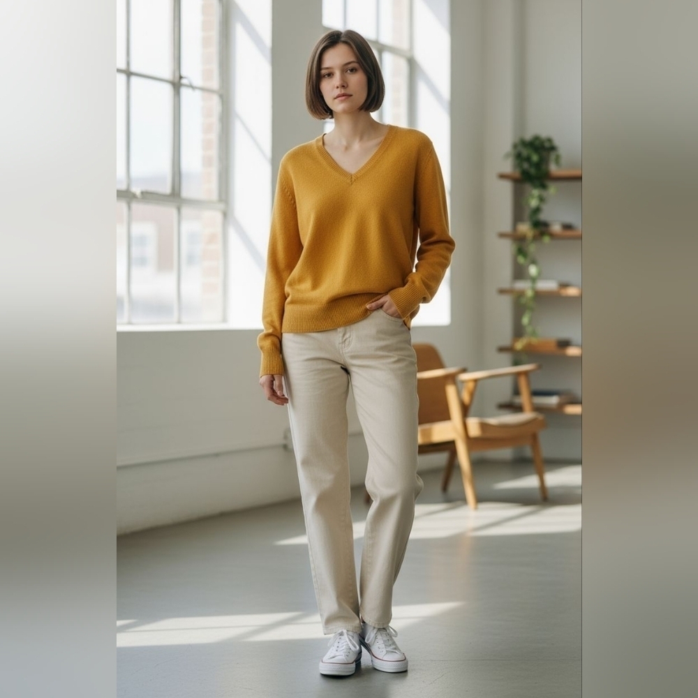 GAP Sweater Cozy Vibrant Gold Warm V-neck Relaxed Fit Long Sleeves Ribbed Knit
